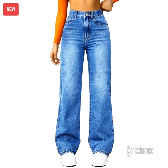 Denim - High Waisted Straight Leg Boyfriend Jeans, Wide Leg Loose Fit Denim Pants